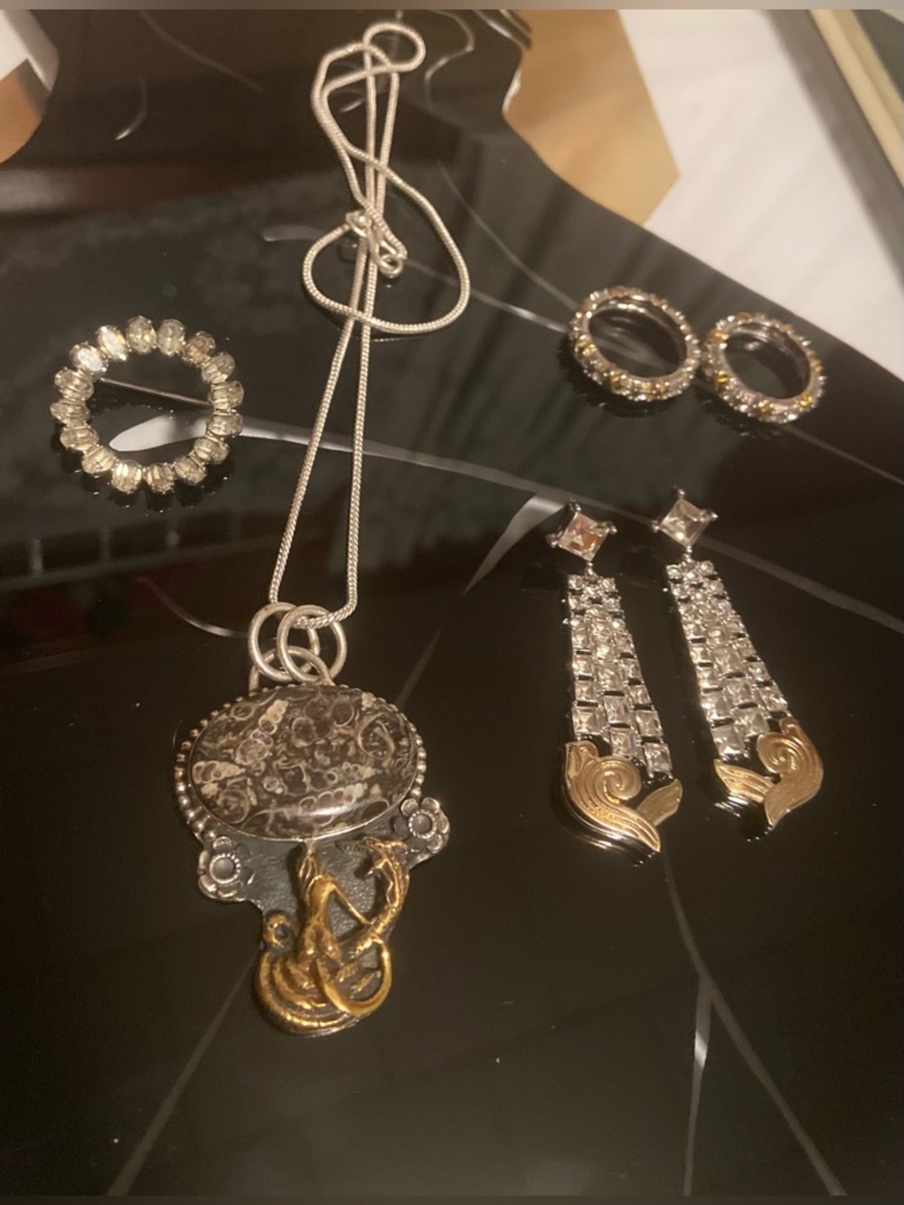 Turritella Agate Dragon Pendant, 2 Rings, Brooch,&Earrings #33